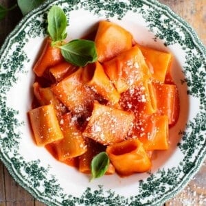 Paccheri pasta in a smooth tomato sauce in a green and white patterned bowl garnished with basil.