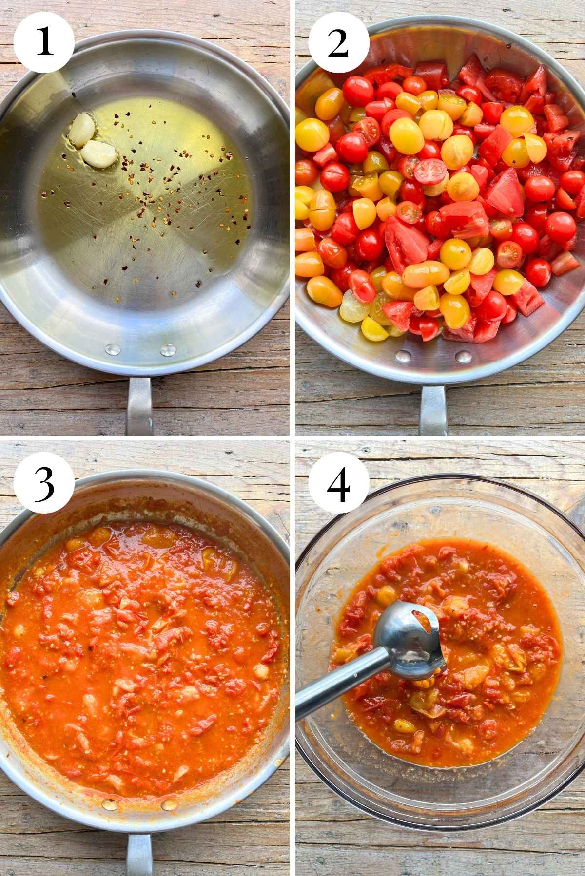 Four photos in a collage showing how to make a tomato sauce with fresh tomatoes and garlic.