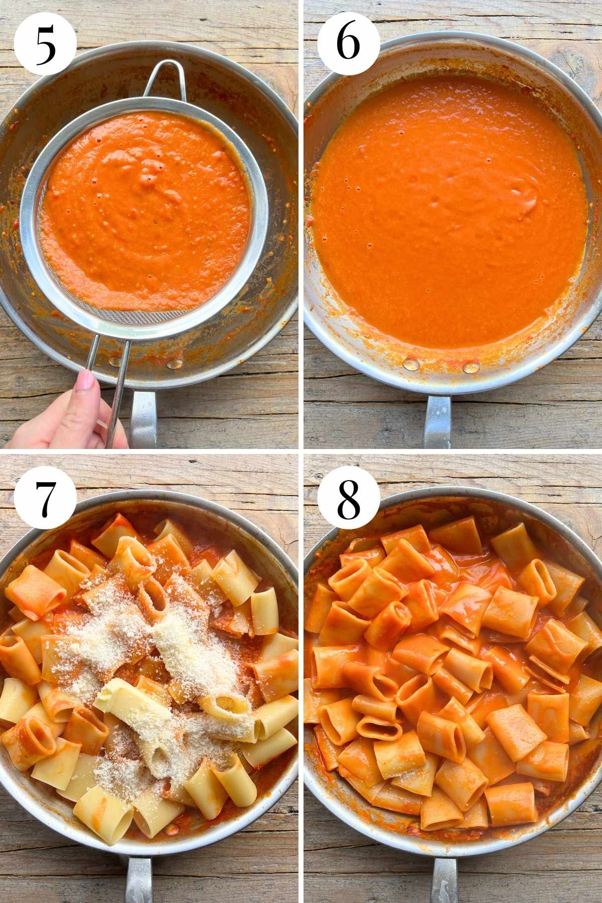 Four photos in a collage showing how to make a silky smooth tomato sauce.