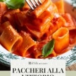 A Pinterest graphic of a fork picking up paccheri pasta in tomato sauce from a bowl.