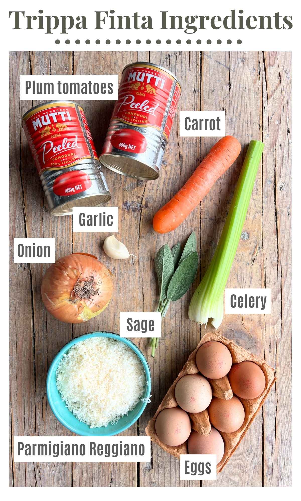 All the ingredients needed to make Trippa Finta laid out on a wooden surface.
