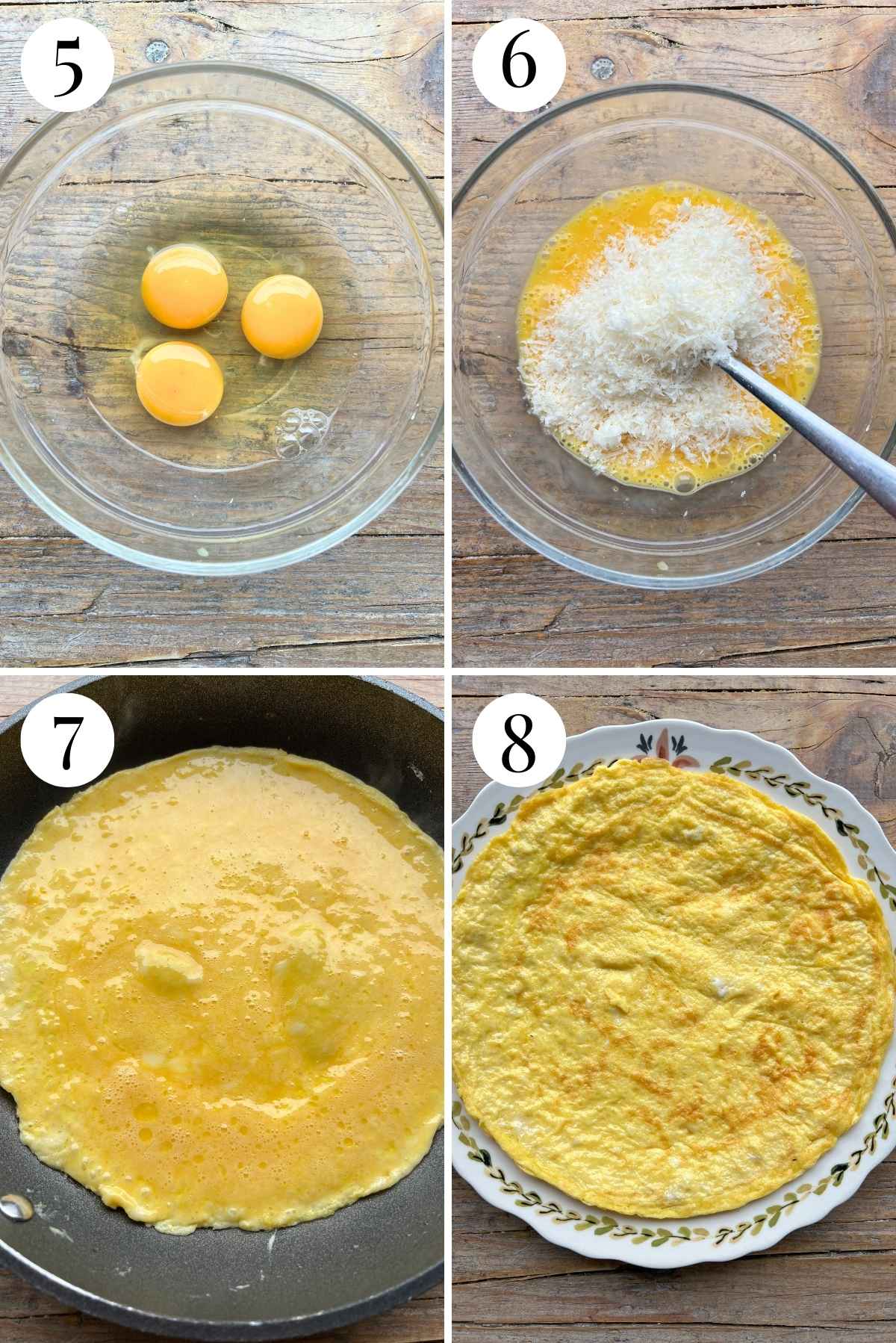 Four photos in a collage showing how to make a cheesy omelette.