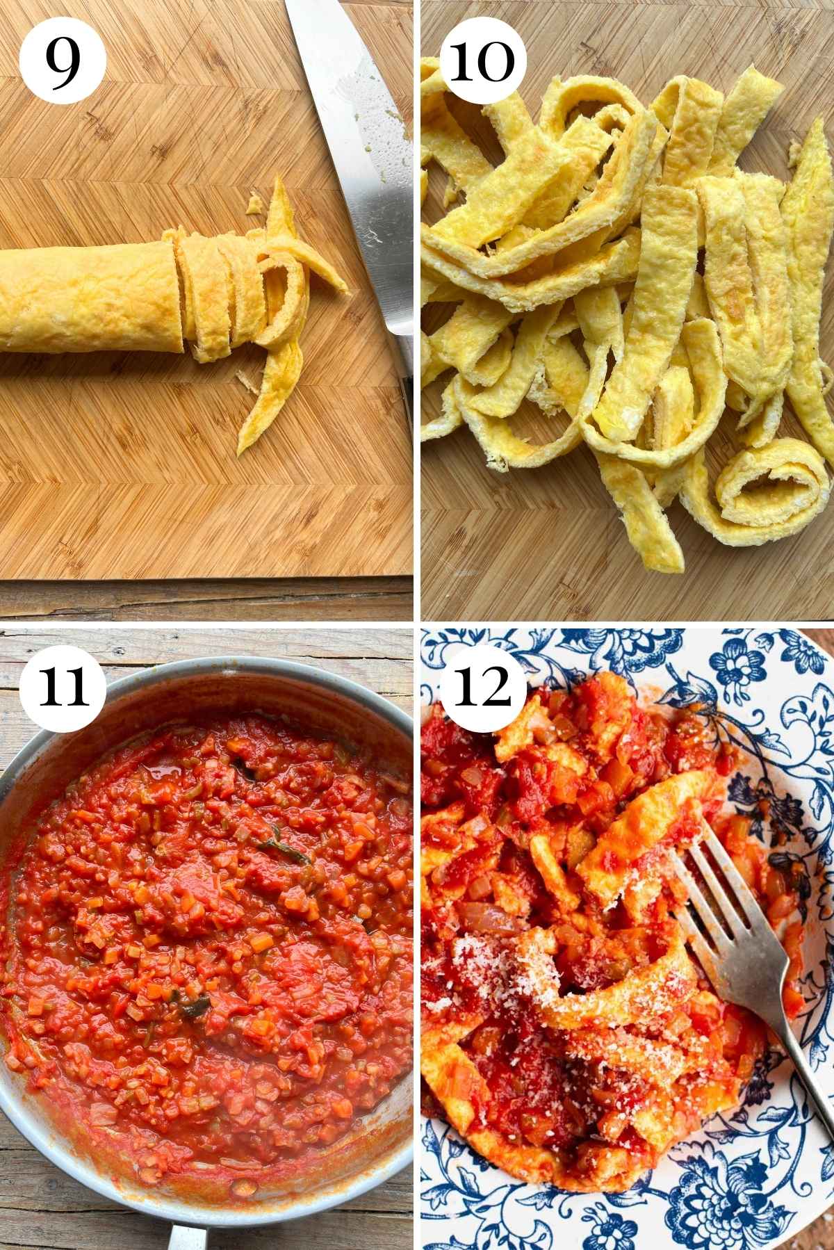 Four photos in a collage showing how to cut an omelette into strips and add them to sauce.
