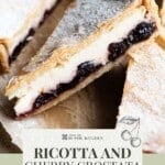 A pinterest graphic showing a close up slice of ricotta and cherry tart.
