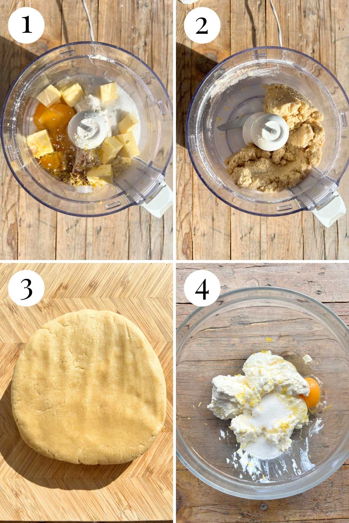Four photos in a collage showing how to blitz pastry dough in a food processor, shape the dough for refrigeration and mix ricotta, eggs, sugar and lemon zest in a bowl.