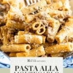 A pinterest graphic showing a close up of pasta alla montecarlo on a fork.
