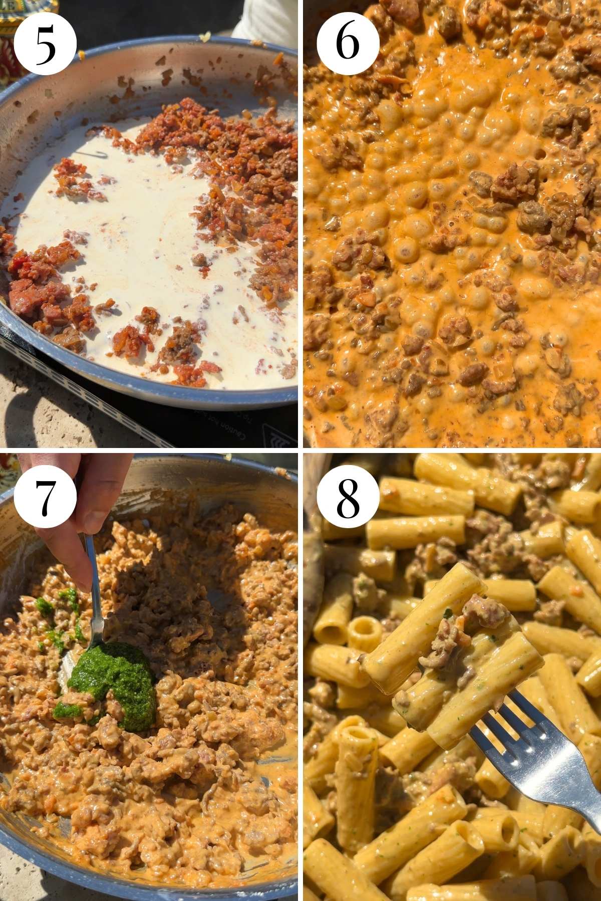 Four photos in a collage showing how to make a creamy sauce with pesto.