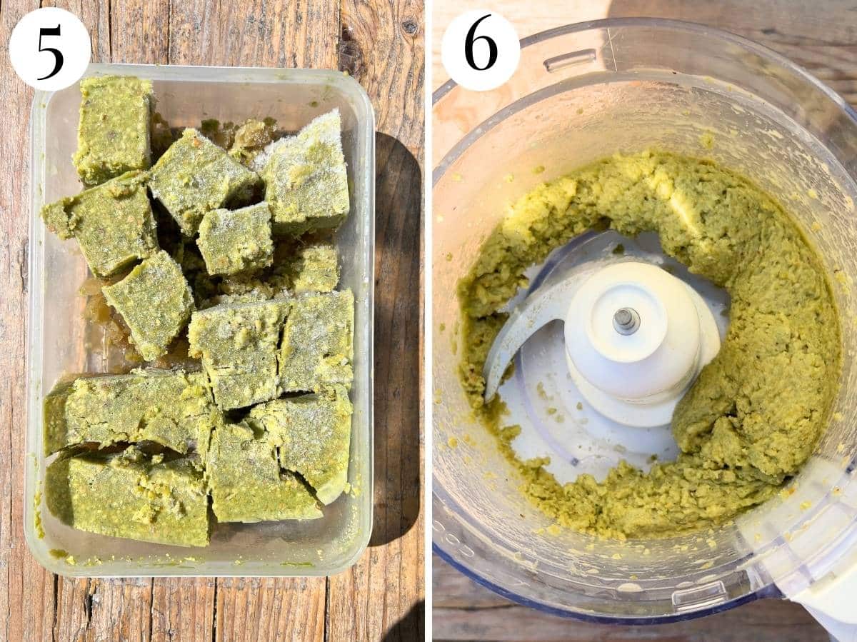 Two photos in a collage showing how to break up and blitz pistachio granita.