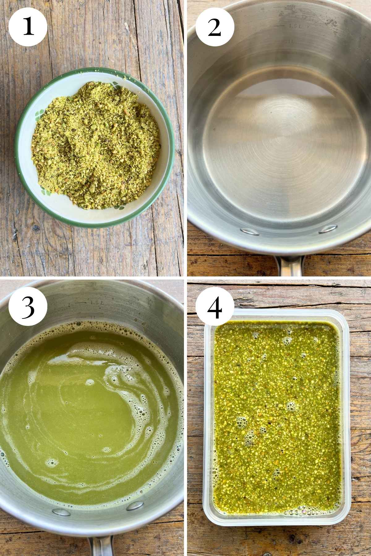 Four photos in a collage showing how to make a sugar syrup then add chopped pistachios and pistachio cream to make granita.