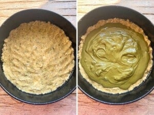 Two photos showing pastry dough in a cake tin topped with pistachio cream,