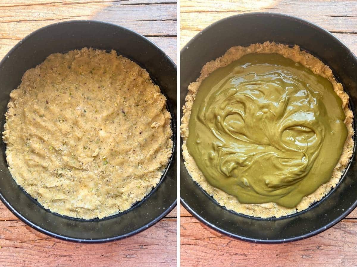 Two photos showing pastry dough in a cake tin topped with pistachio cream,