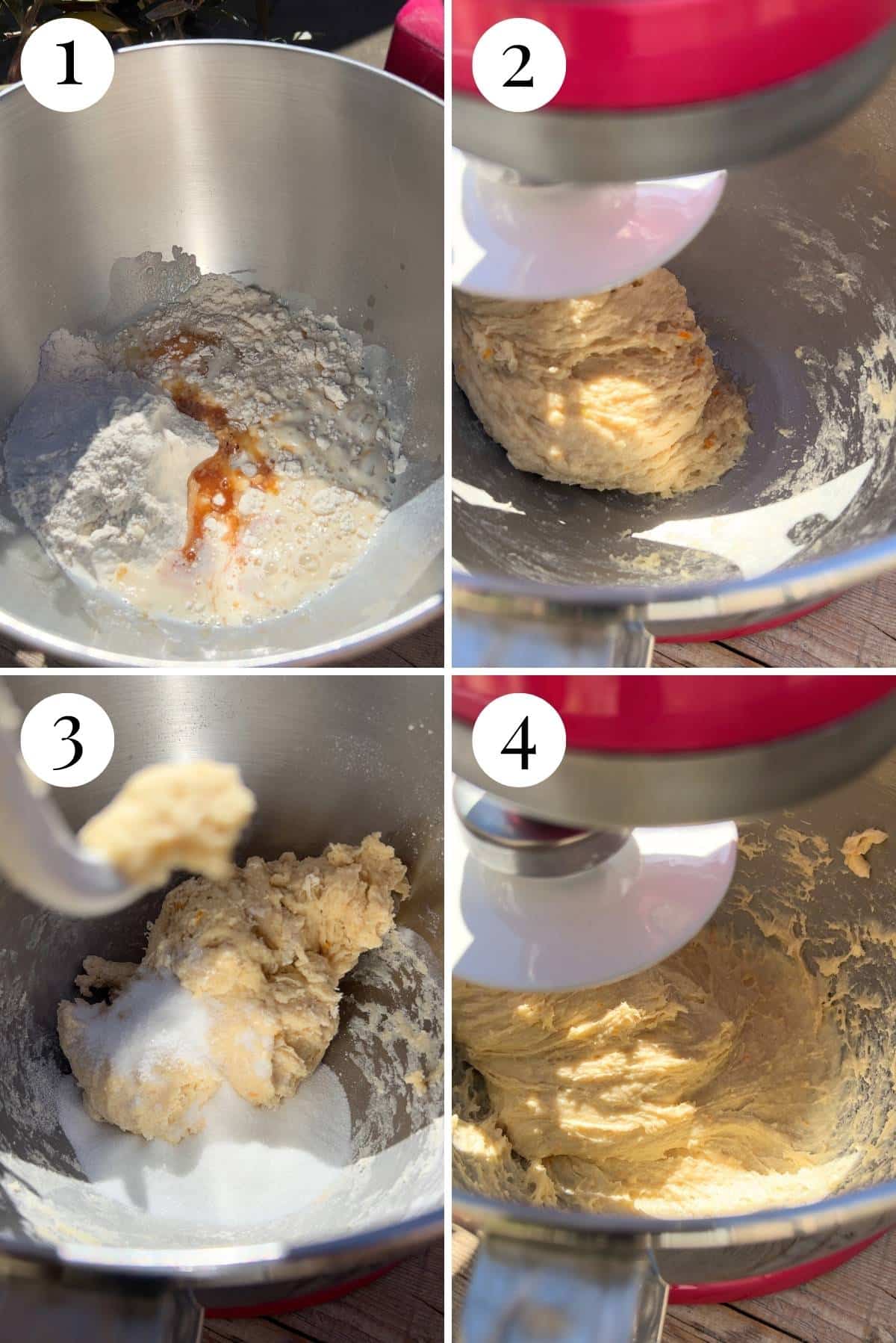 Four photos in a collage showing how to make brioche dough in a stand mixer.