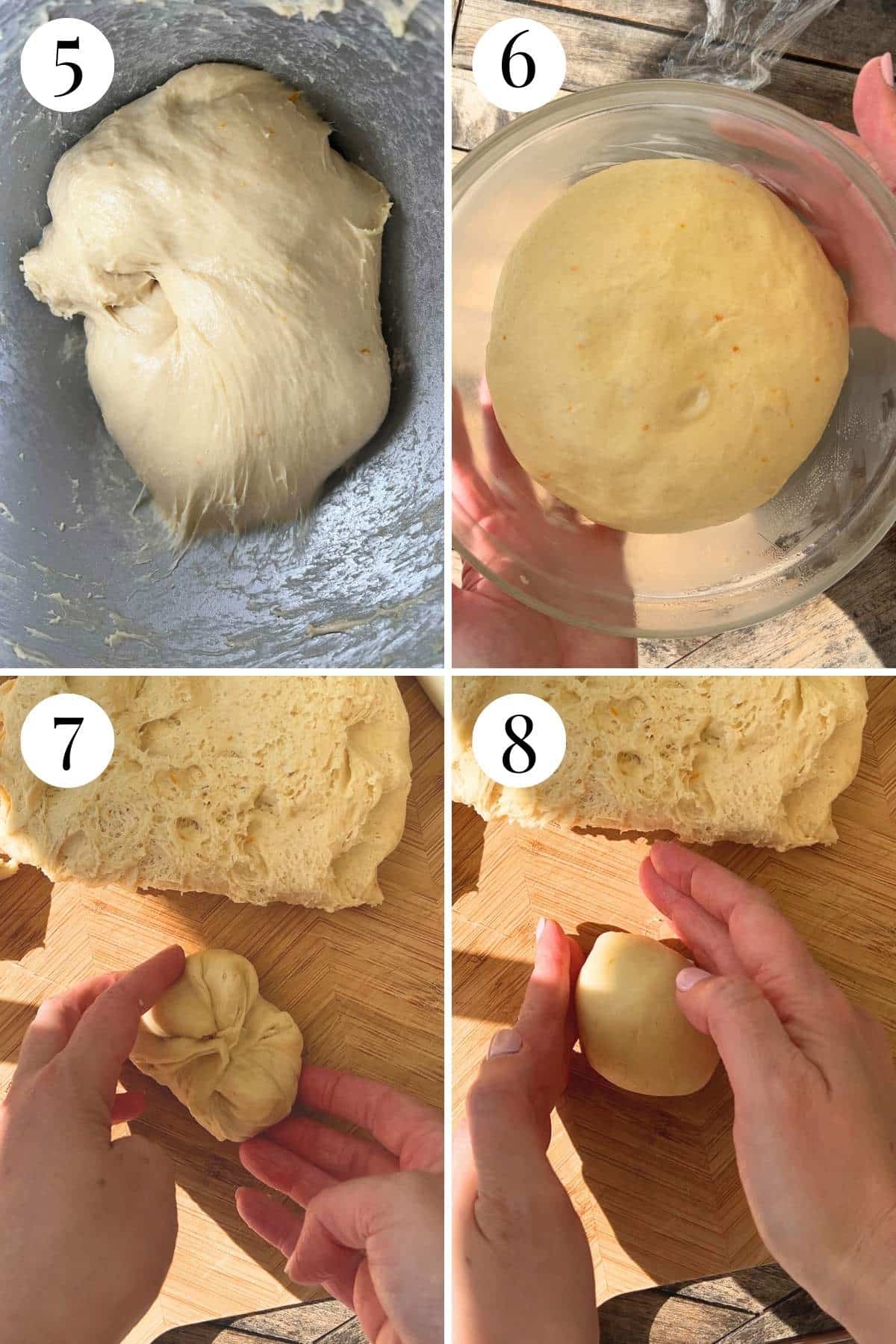 Four photos in a collage showing how to proof and shape brioche dough into buns.