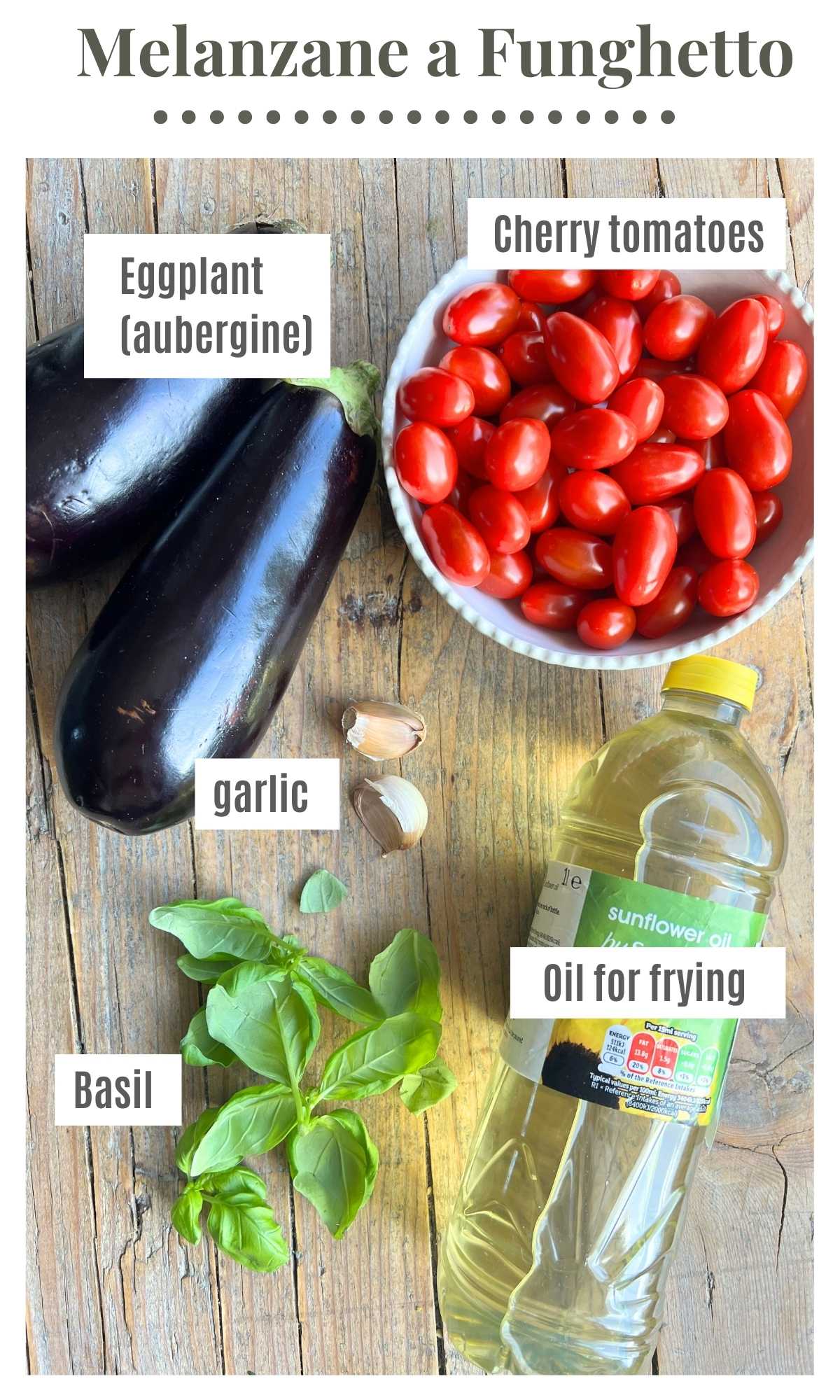 An overhead shot of all the ingredients needed to make fried eggplant in a cherry tomato sauce.