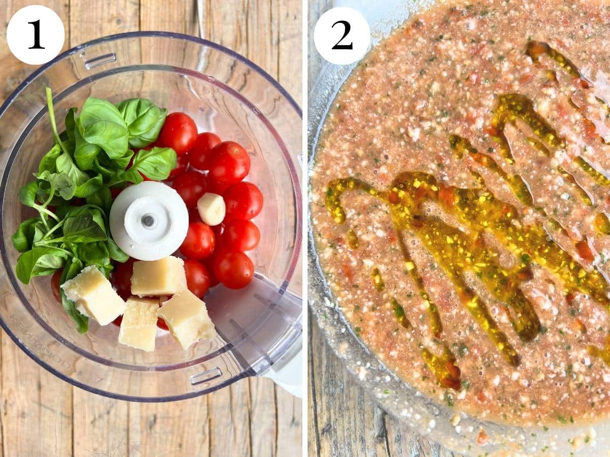 Two photos showing the before and after of blitzing a tomato sauce in a food processor.