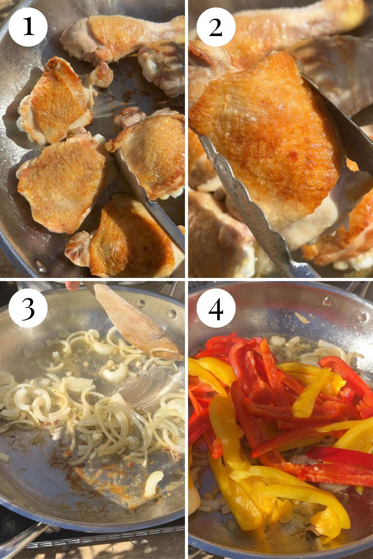 Four photos in a collage showing how to brown chicken and saute onions and bell peppers.
