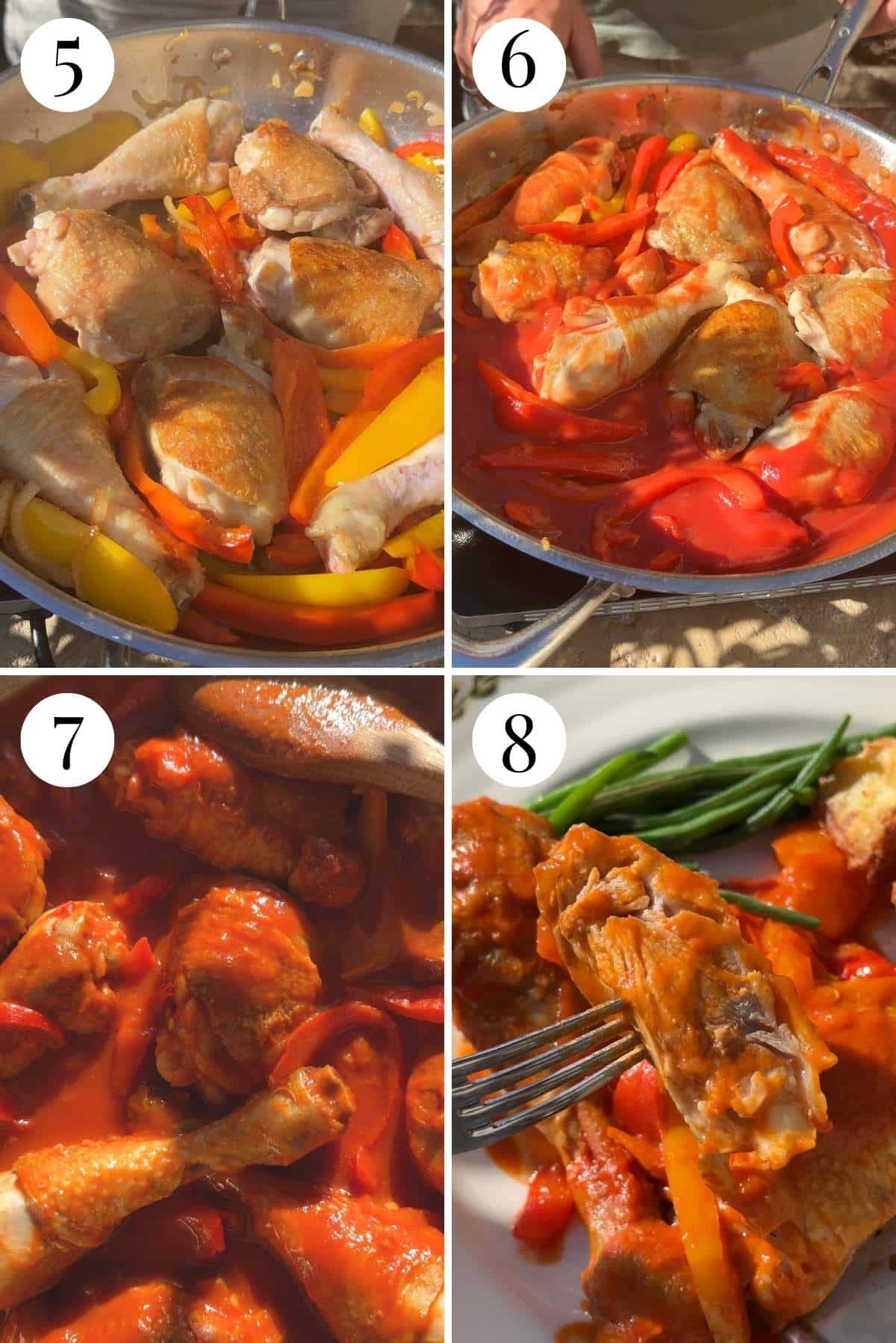 Four photos in a collage showing how to add tomato to the sauce and consistency before and after cooking.