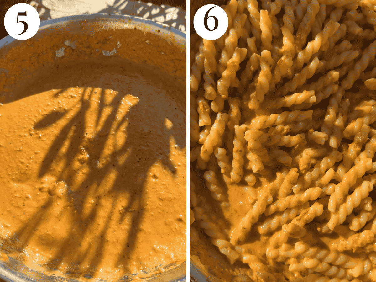 Two photos showing the sauce consistency and pasta being tossed in the sauce.