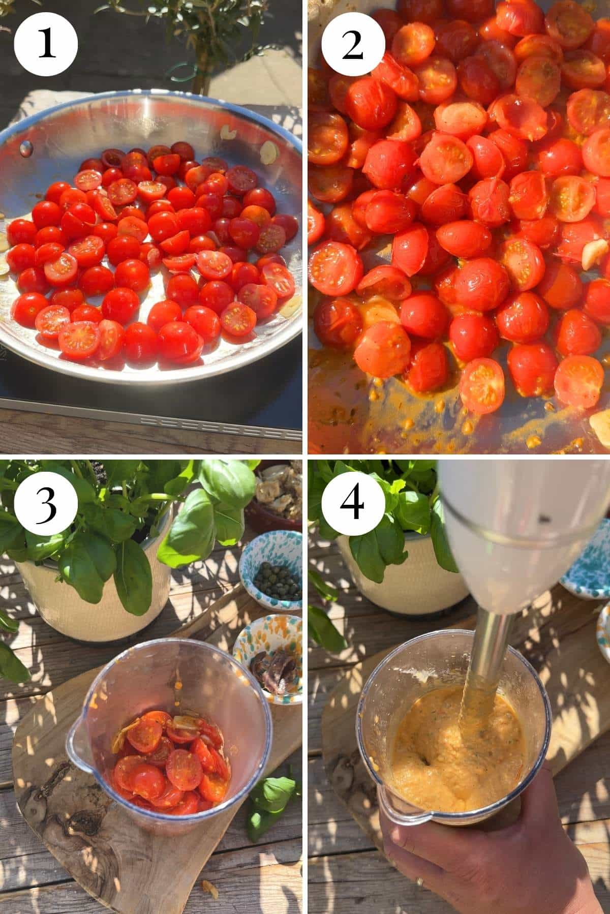 Four photos in a collage showing how to make a tuna pasta sauce with sauteed tomatoes.