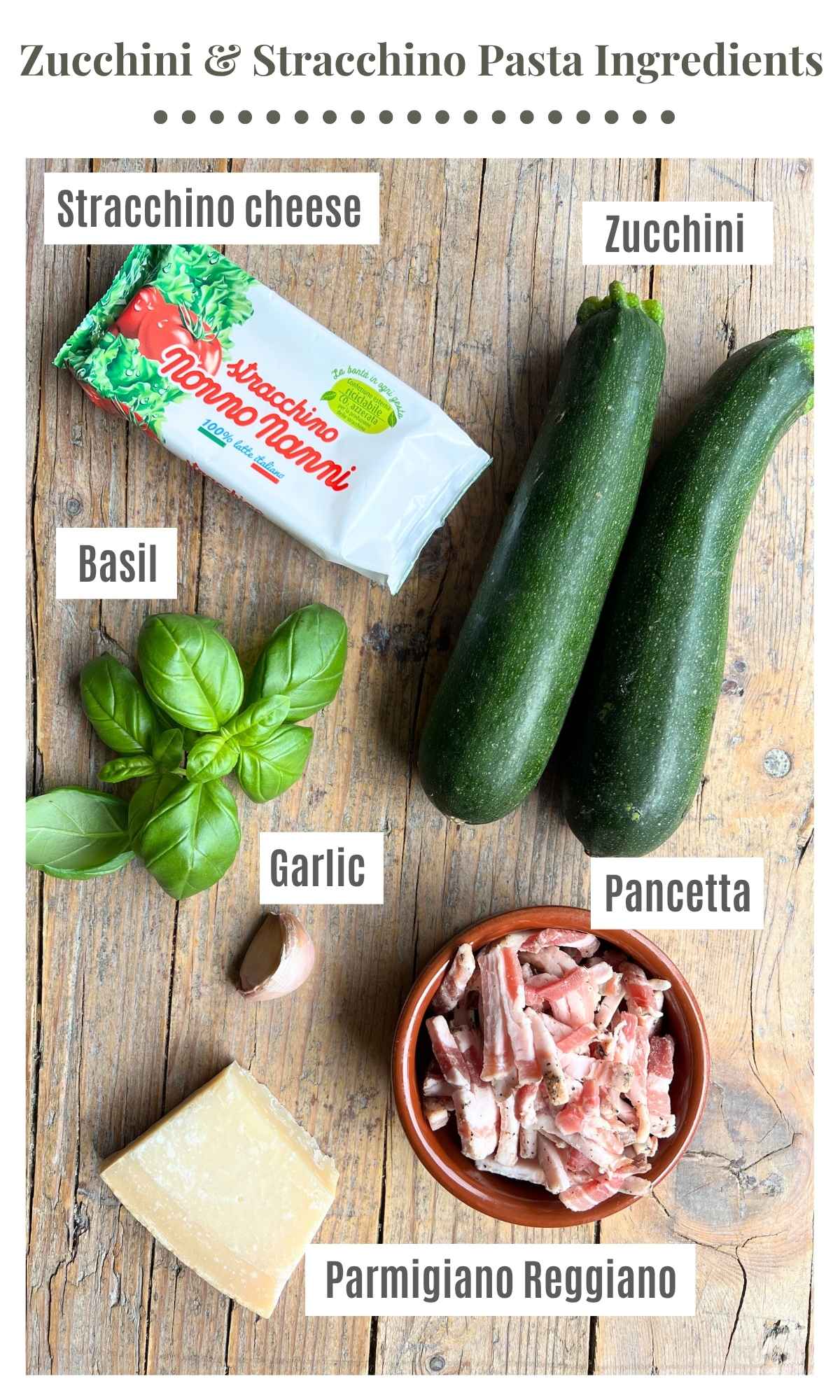 All the ingredients needed to make a zucchini and stracchino pasta sauce laying on a rustic wooden surface; 2 zucchini, pancetta, garlic, basil, Parmigiano Reggiano and Stracchino cheese.