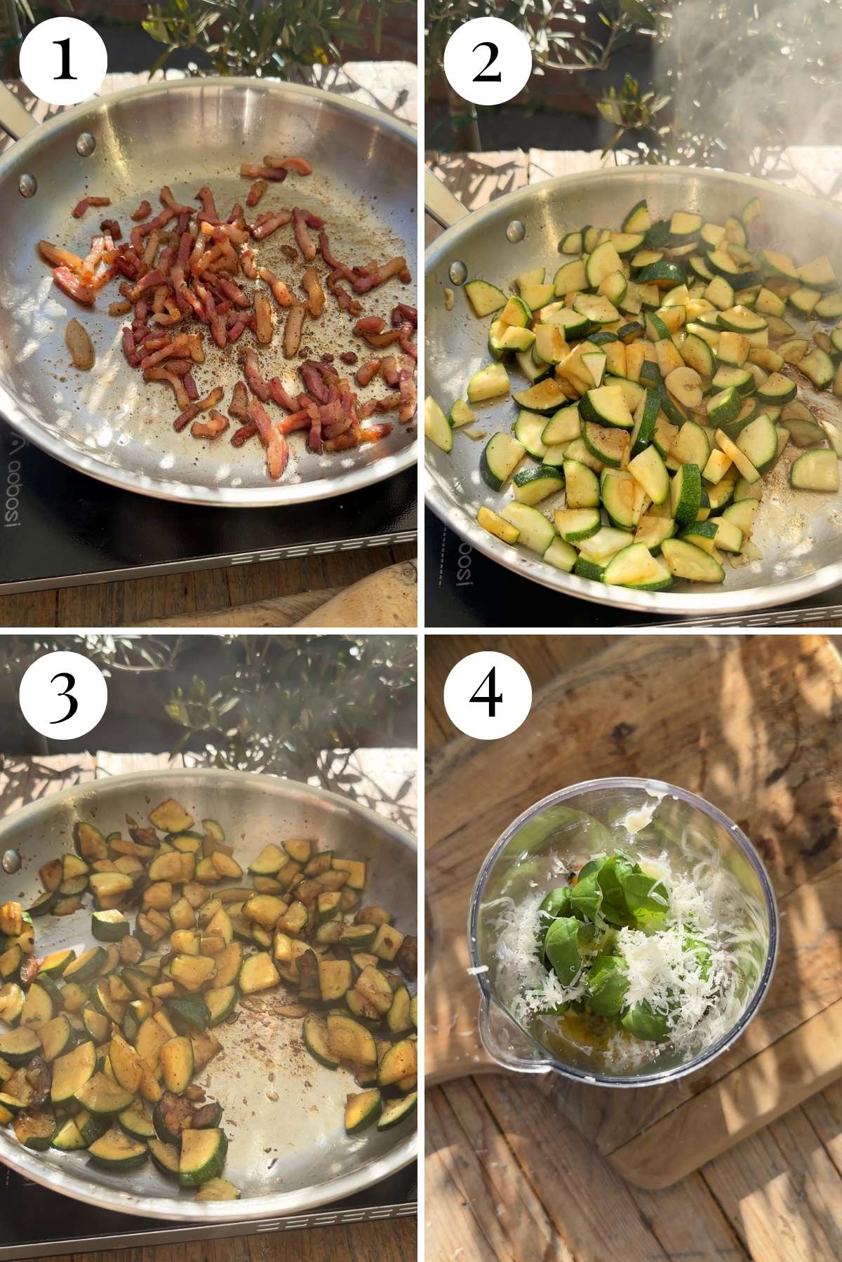 Four photos in a collage showing how to saute pancetta and zucchini.