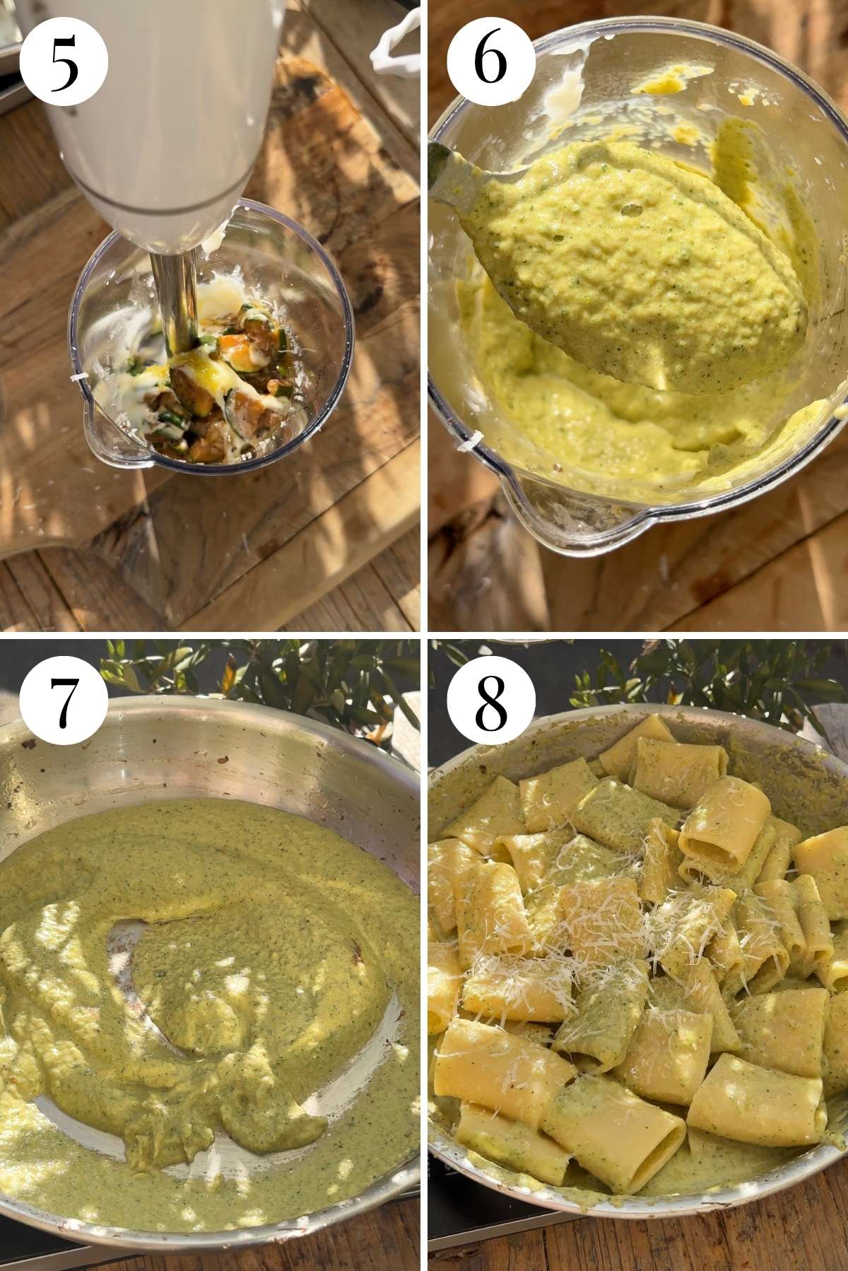 Four photos in a collage showing how to blitz the zucchini and stracchino into a creamy sauce.