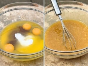 Two photos showing before and after mixing egg, sugar, butter and vanilla together in a bowl.