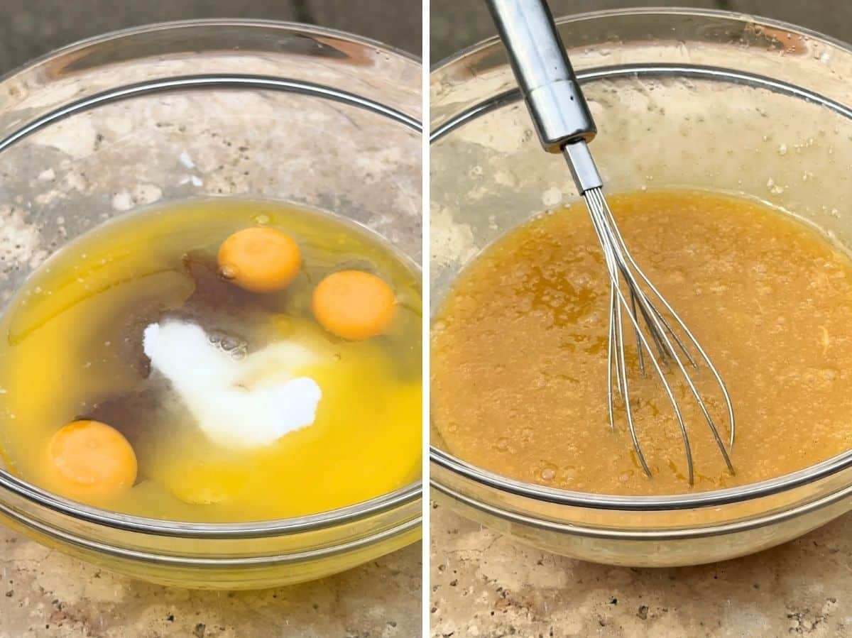 Two photos showing before and after mixing egg, sugar, butter and vanilla together in a bowl.