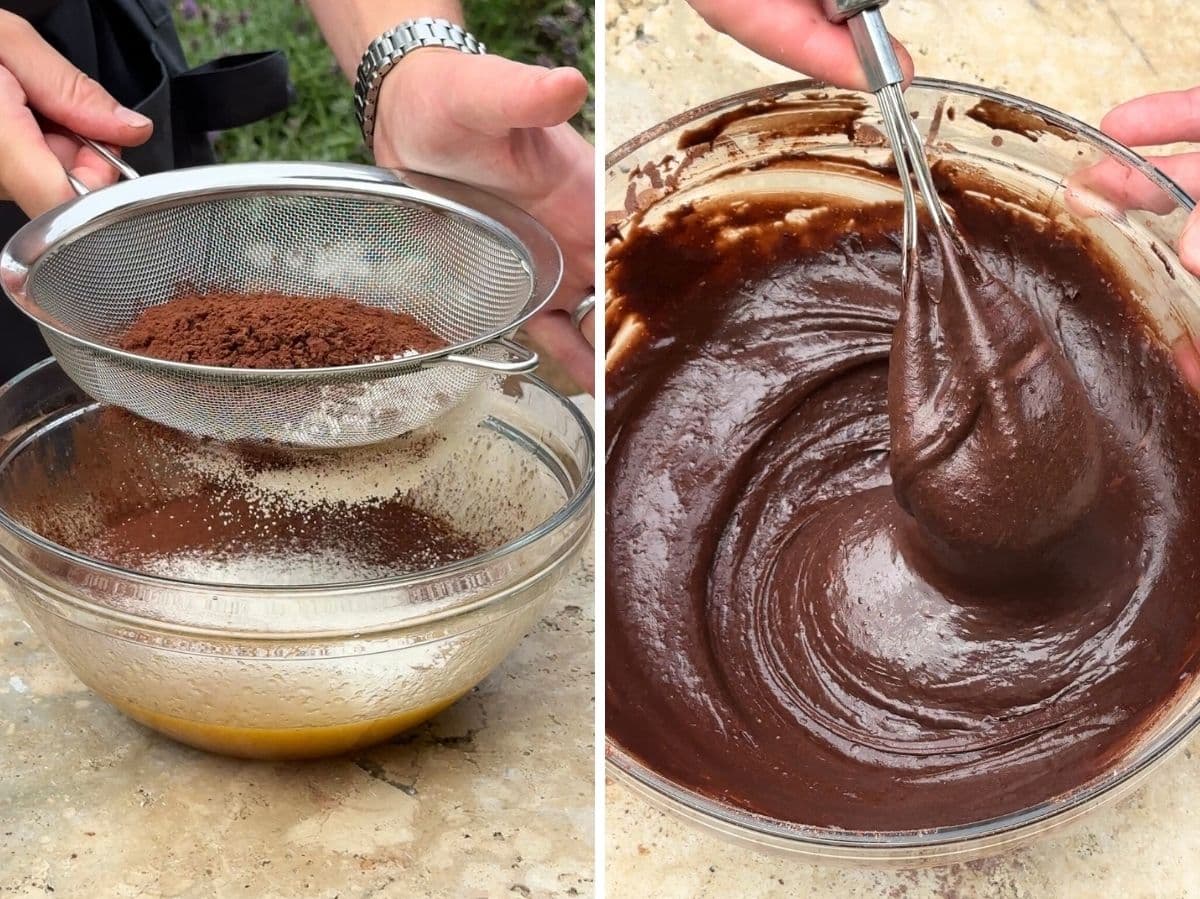 Two photos showing sifting flour into a bowl and a thick chocolate batter.