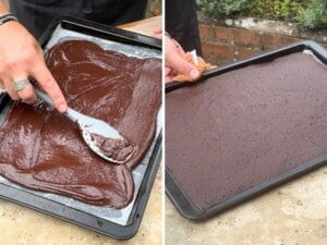 Two photos in a collage showing spreading out a cake batter in a tray and what it looks like fully baked.