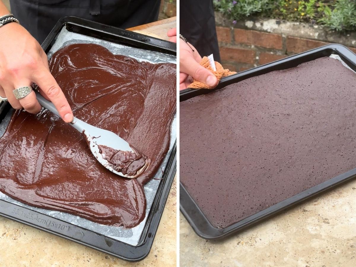 Two photos in a collage showing spreading out a cake batter in a tray and what it looks like fully baked.