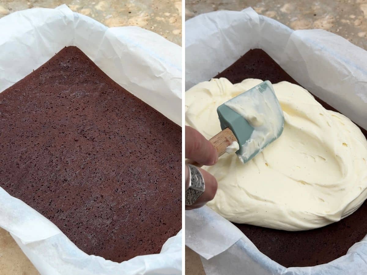 Two photos showing how to layer ice cream sandwiches before freezing.
