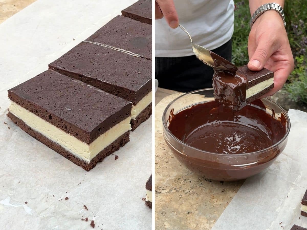 Two photos showing ice cream sandwiches cut into portions and being dipped in chocolate.