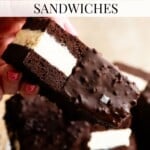 A hand holding a chocolate ice cream sandwich with vanilla ice cream in the middle.