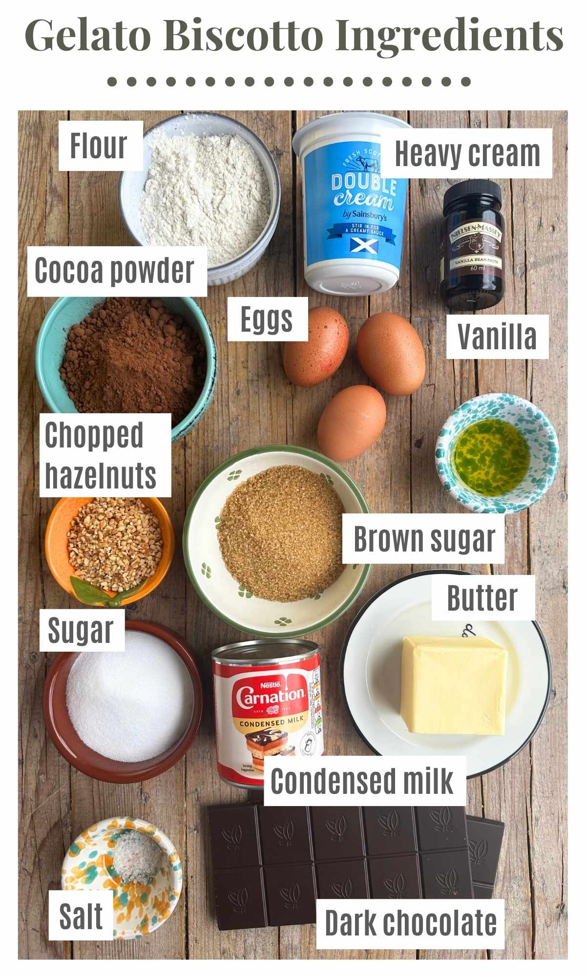 All the ingredients needed to make chocolate and vanilla ice cream sandwiches sitting on a wooden background.