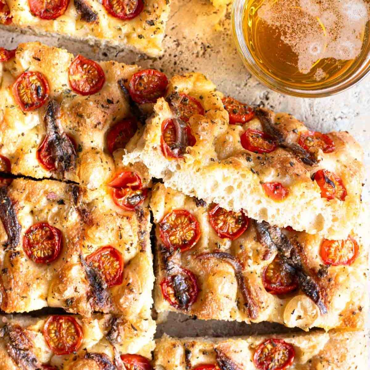 Cherry Tomato Focaccia with Anchovies and Oregano
