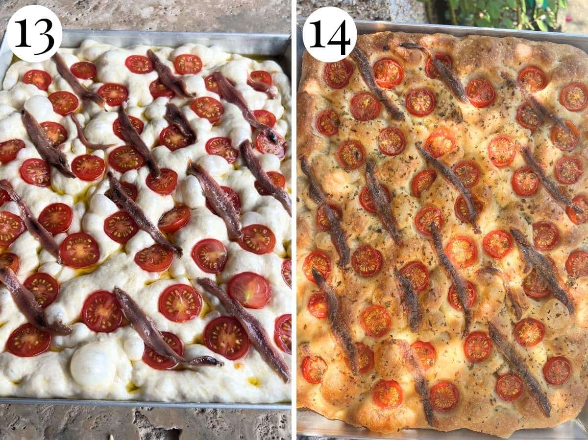 Two photos in a collage showing how a cherry tomato and anchovy focaccia looks before and after baking.