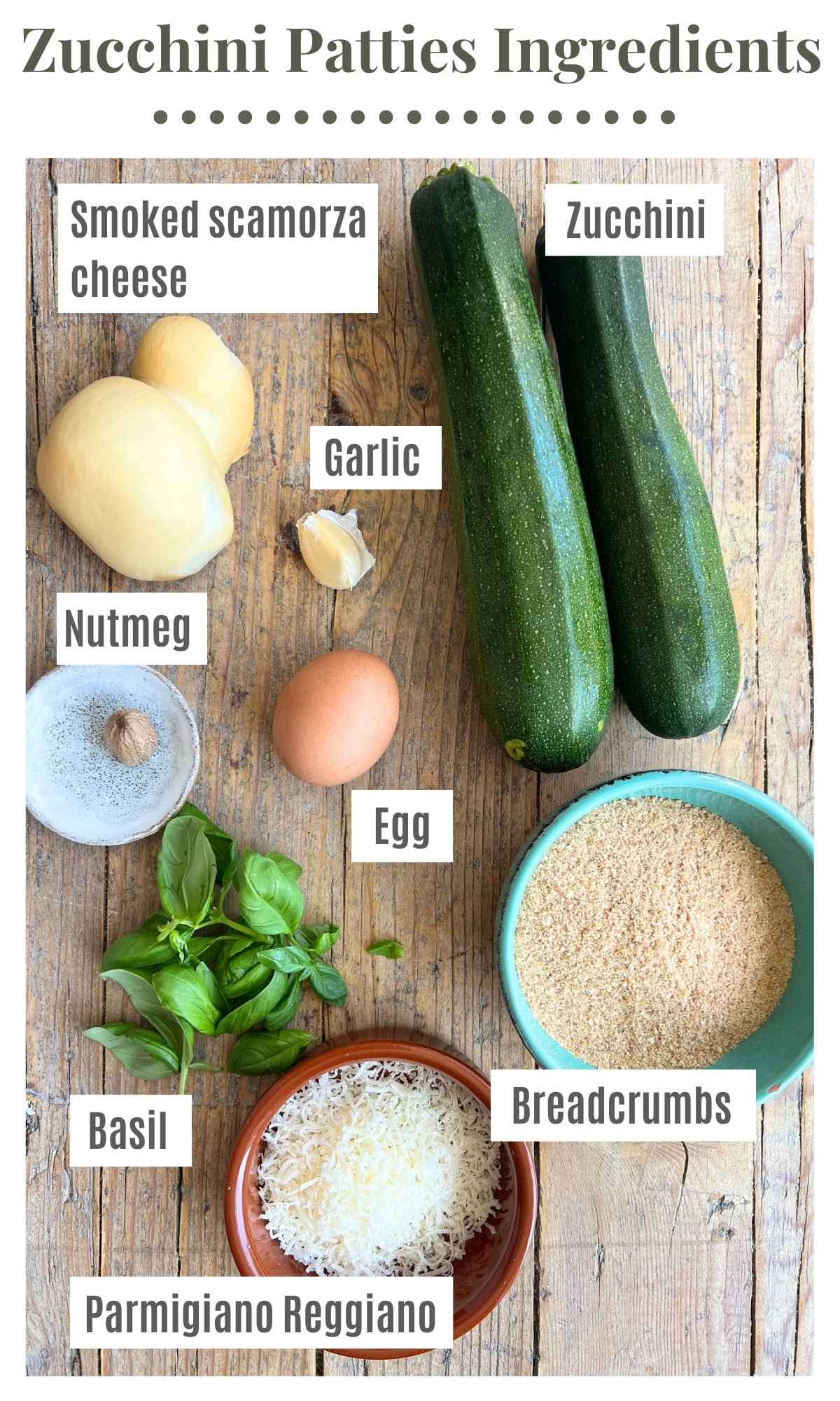 All the ingredients needed to make cheesy zucchini patties on a wooden board.Ingredient labels next to each ingredient read; zucchini, smoked scamorza cheese, egg, garlic, breadcrumbs, nutmeg, basil, parmigiano reggiano.