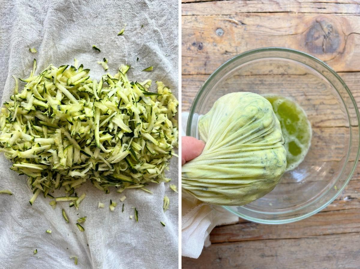 two photos in a collage showing grated zucchini sitting on cheesecloth and squeezing the water out of it into a bowl.