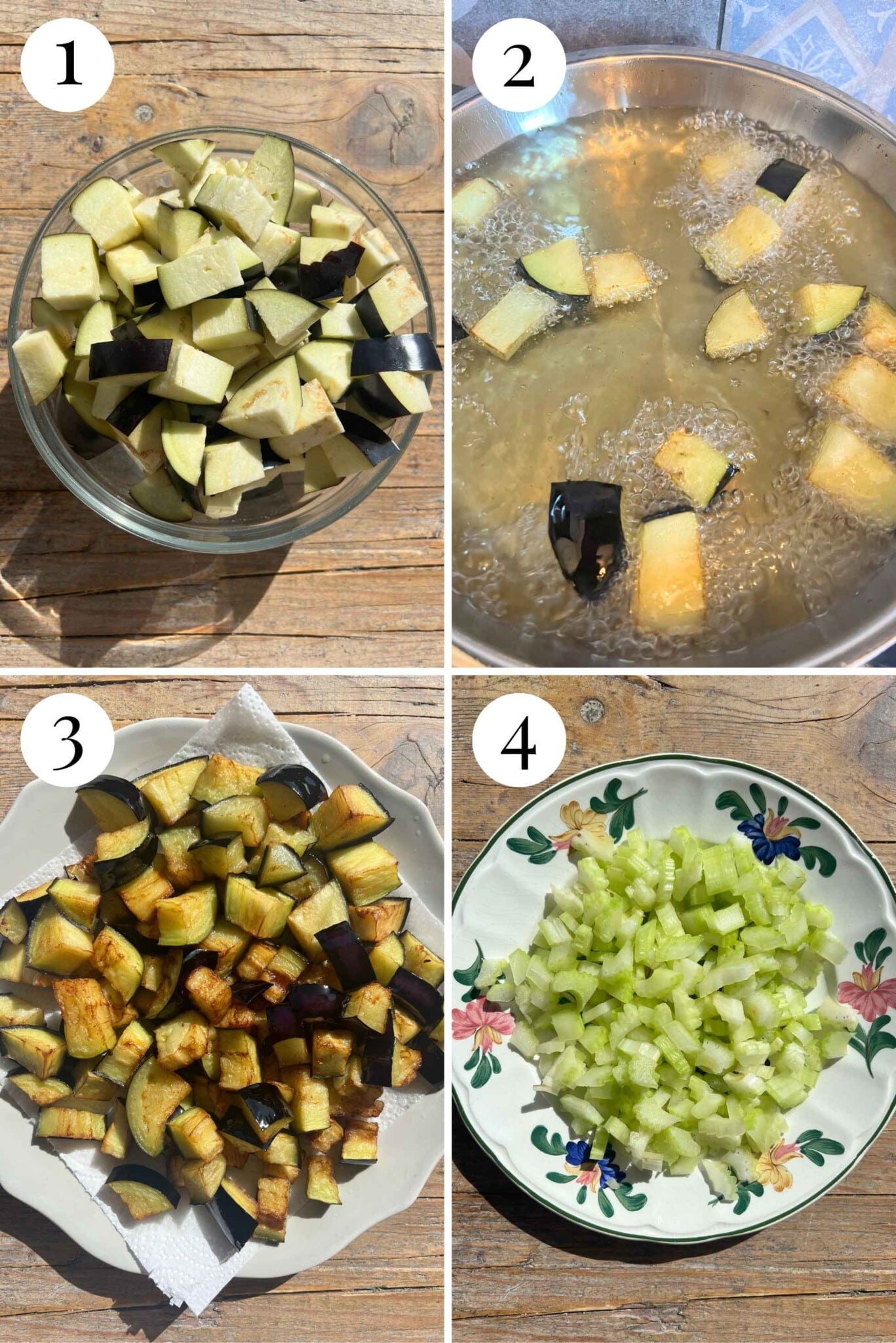 Four photos in a collage showing how to fry eggplant. The last photos shows celery cut up into small pieces.