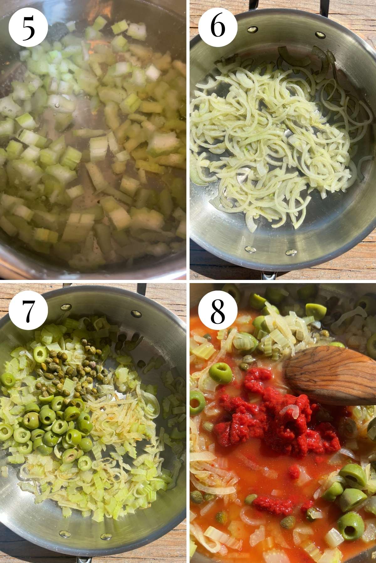 Four photos in a collage showing how boil celery and then saute it with onions, olives, capers and tomato.