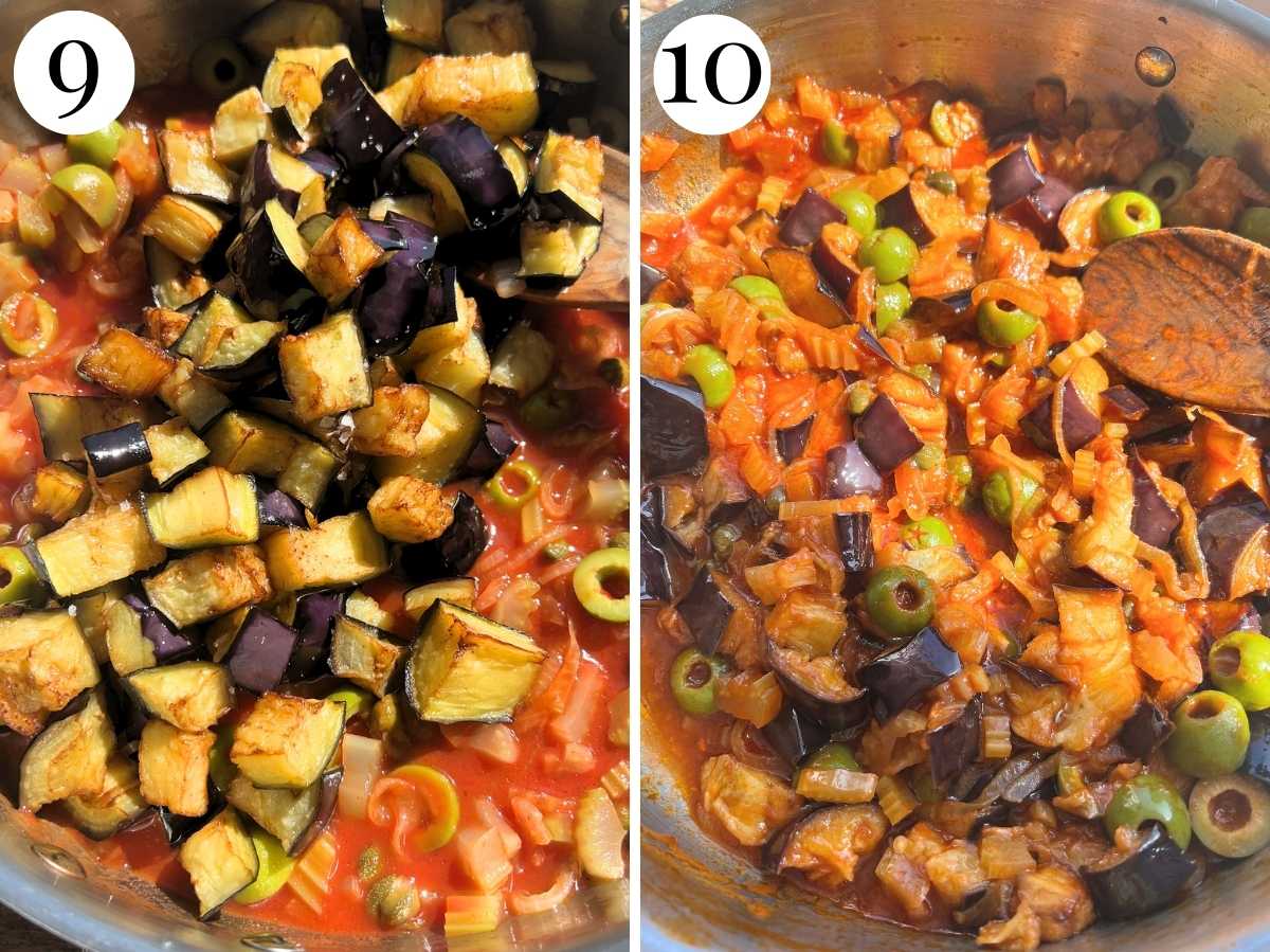 Two photos showing before and after addign the fried eggplant to caponata.