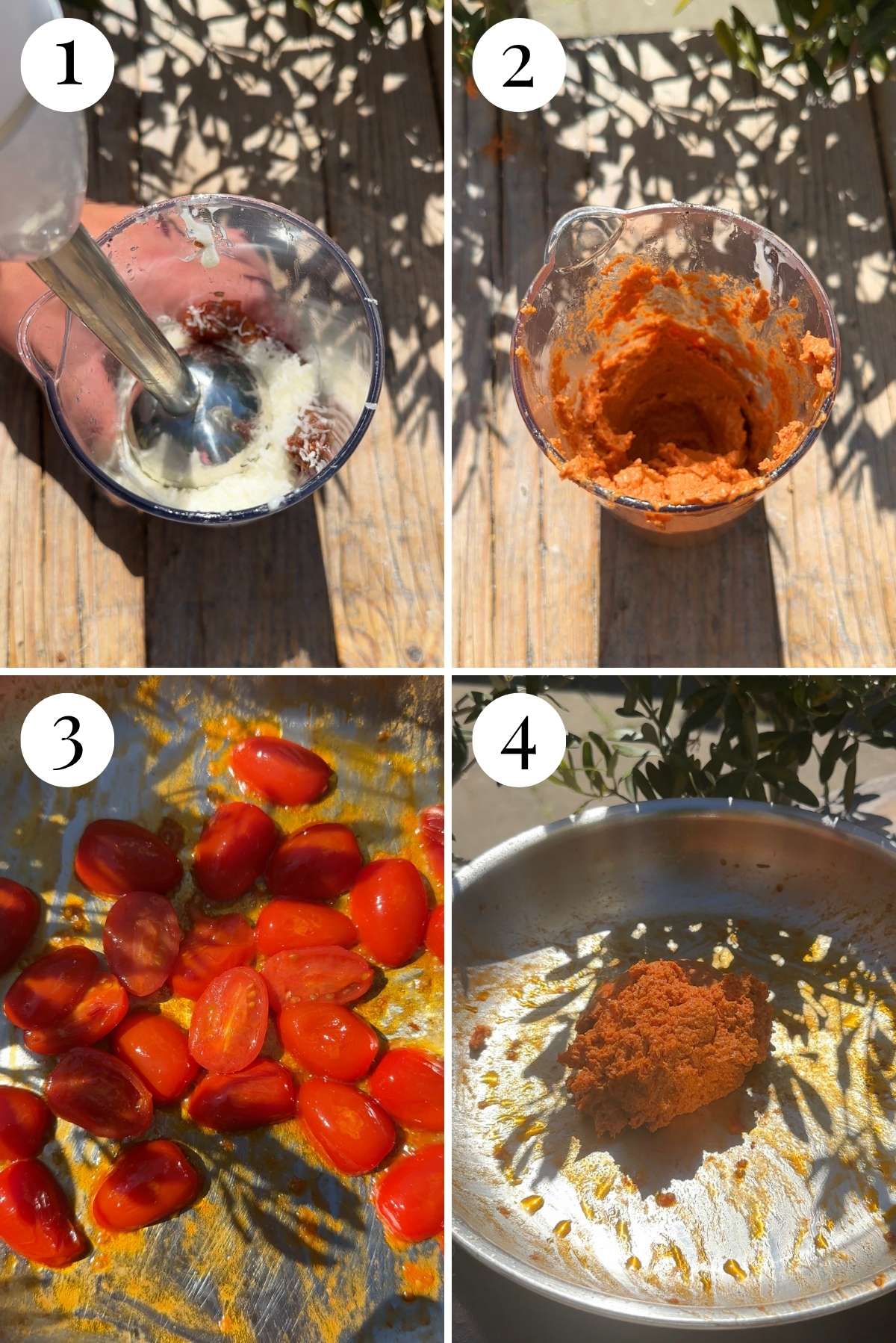 Four photos in a collage showing how to blitz a sundried tomato paste and saute tomatoes for a pasta sauce.