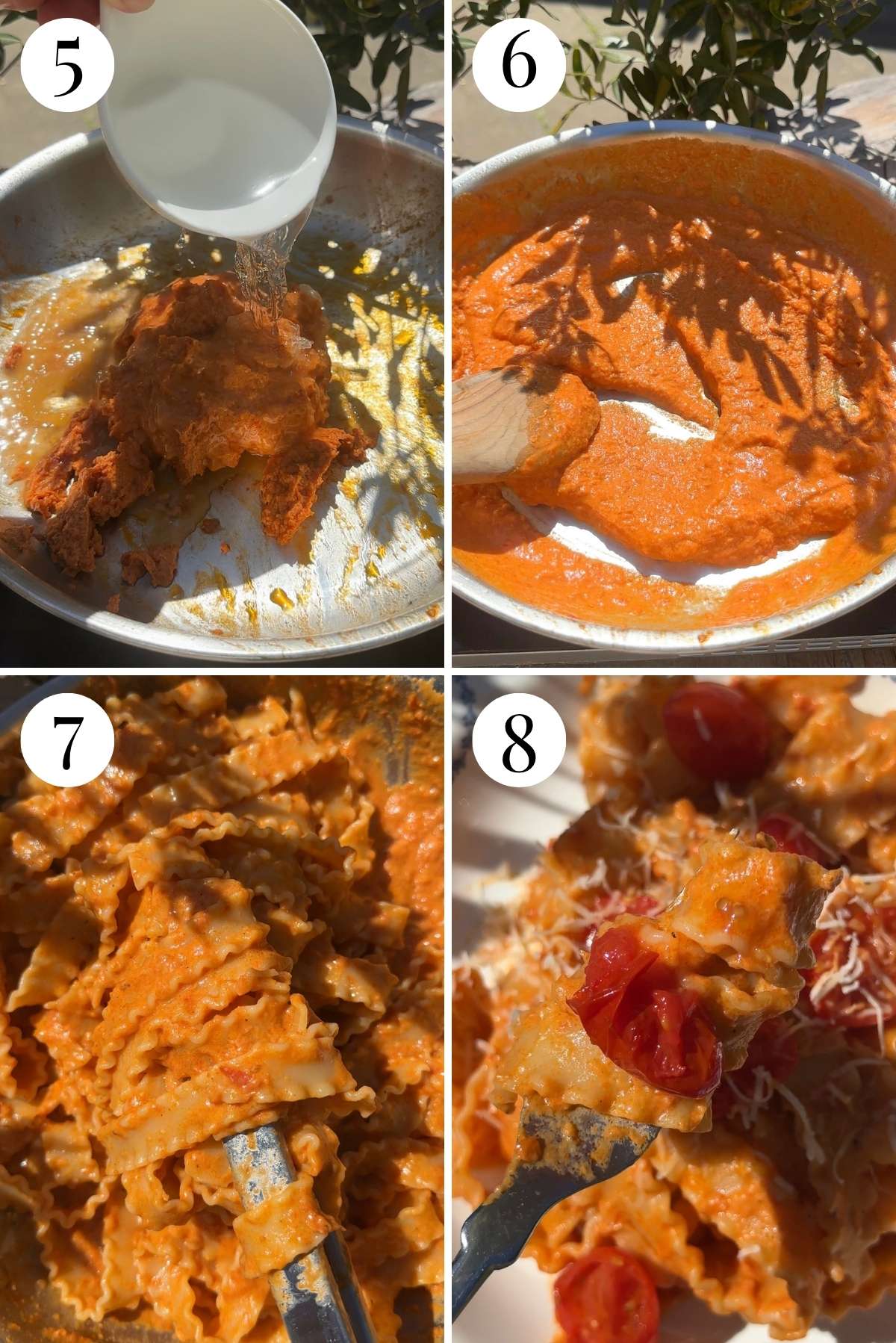 Four photos in a collage showing how to emulsify pasta sauce and add pasta to it.
