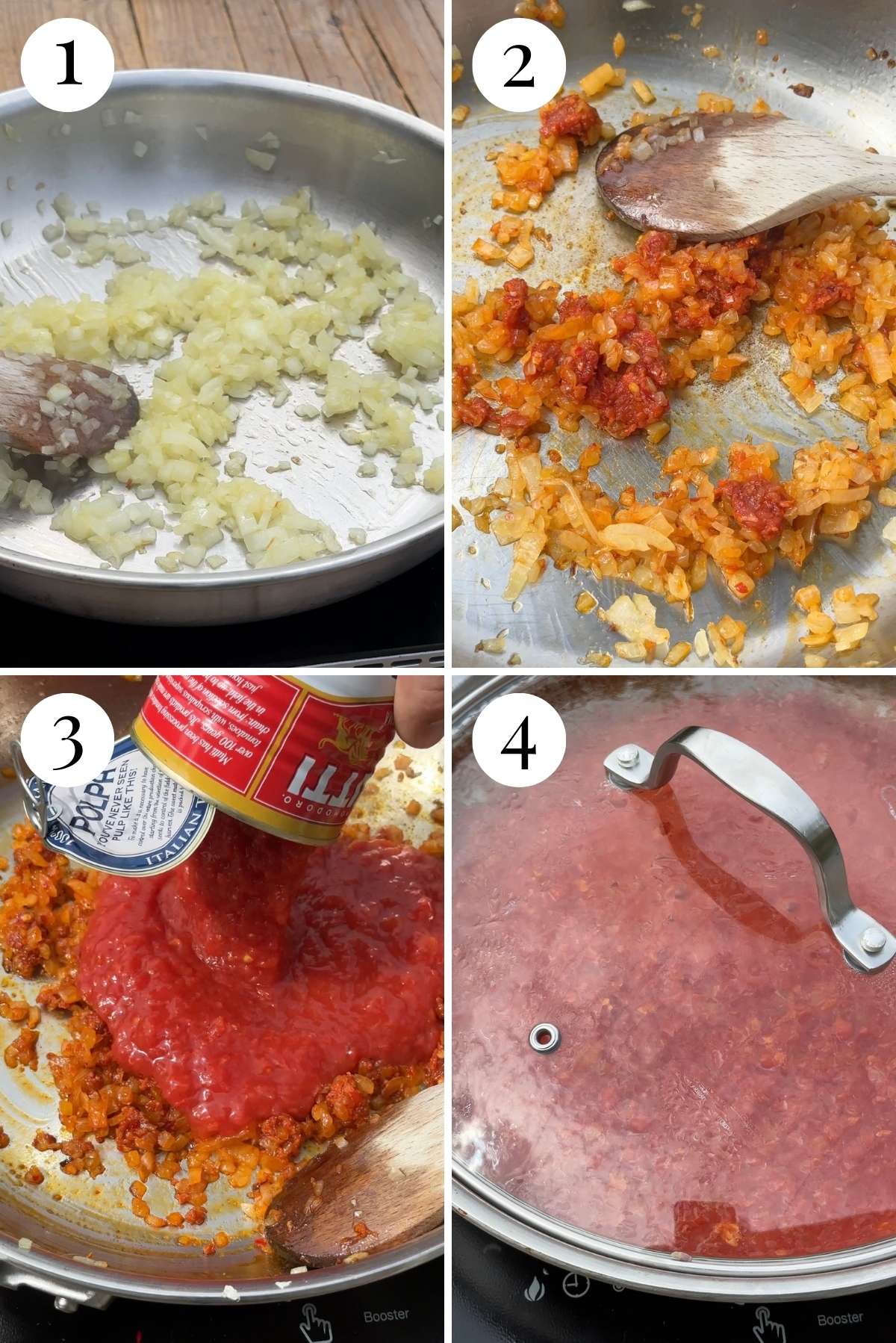 Four photos in a collage showing how to make a tomato sauce with onion and nduja.