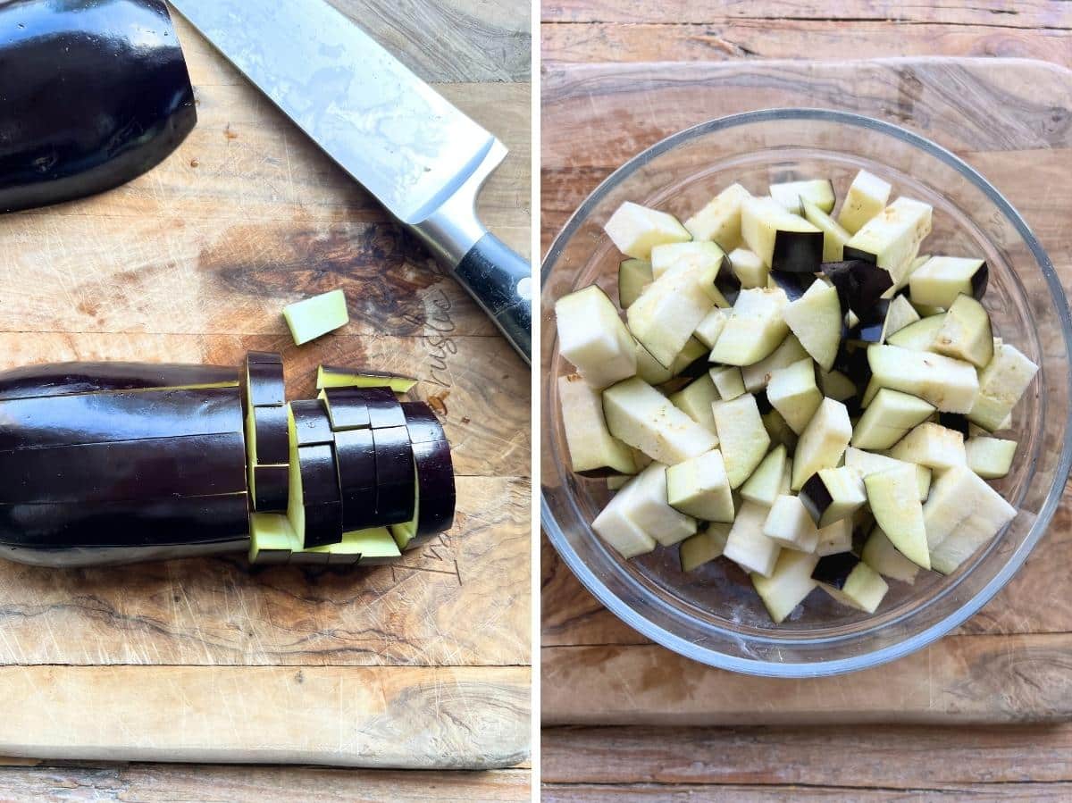 Two photos in a collage showing how to cut a eggplant into small cubes.