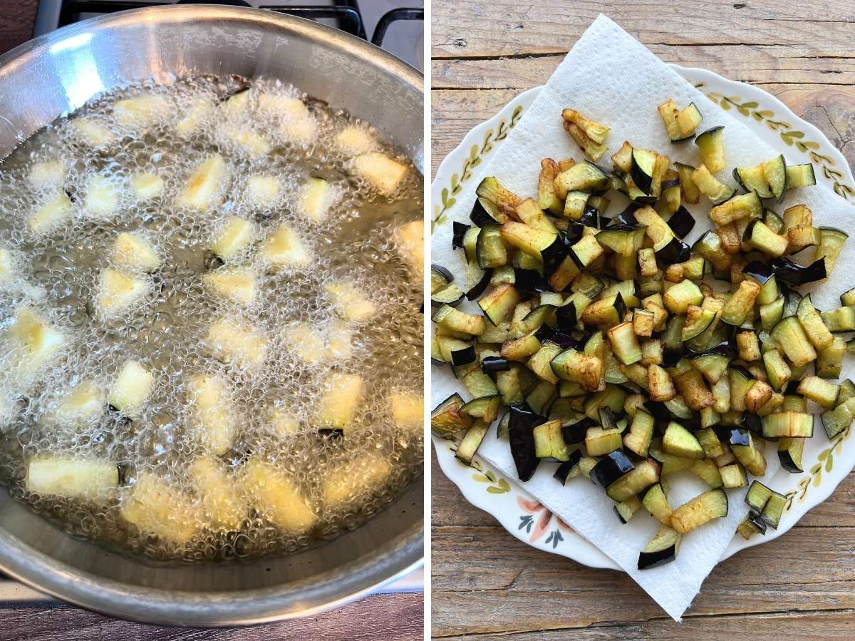 Two photos in a collage, one showing eggplant getting fried and one showing it sitting on a plate on top of kitchen paper to drain the oil.