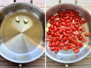 Two photos in a collage; one showing two whole garlic cloves in a pan with olive oil and another showing sliced tomatoes being added.