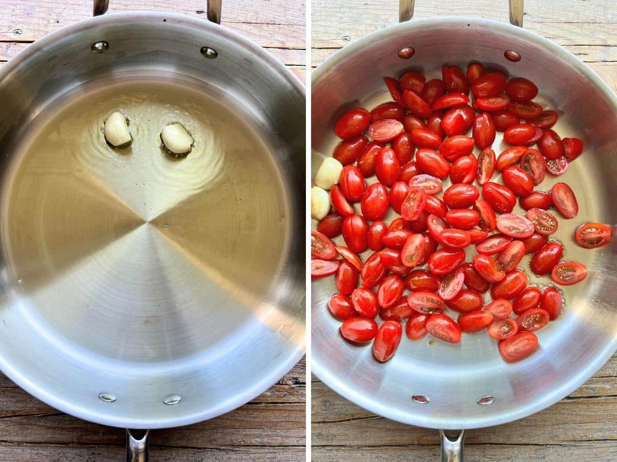 Two photos in a collage; one showing two whole garlic cloves in a pan with olive oil and another showing sliced tomatoes being added.