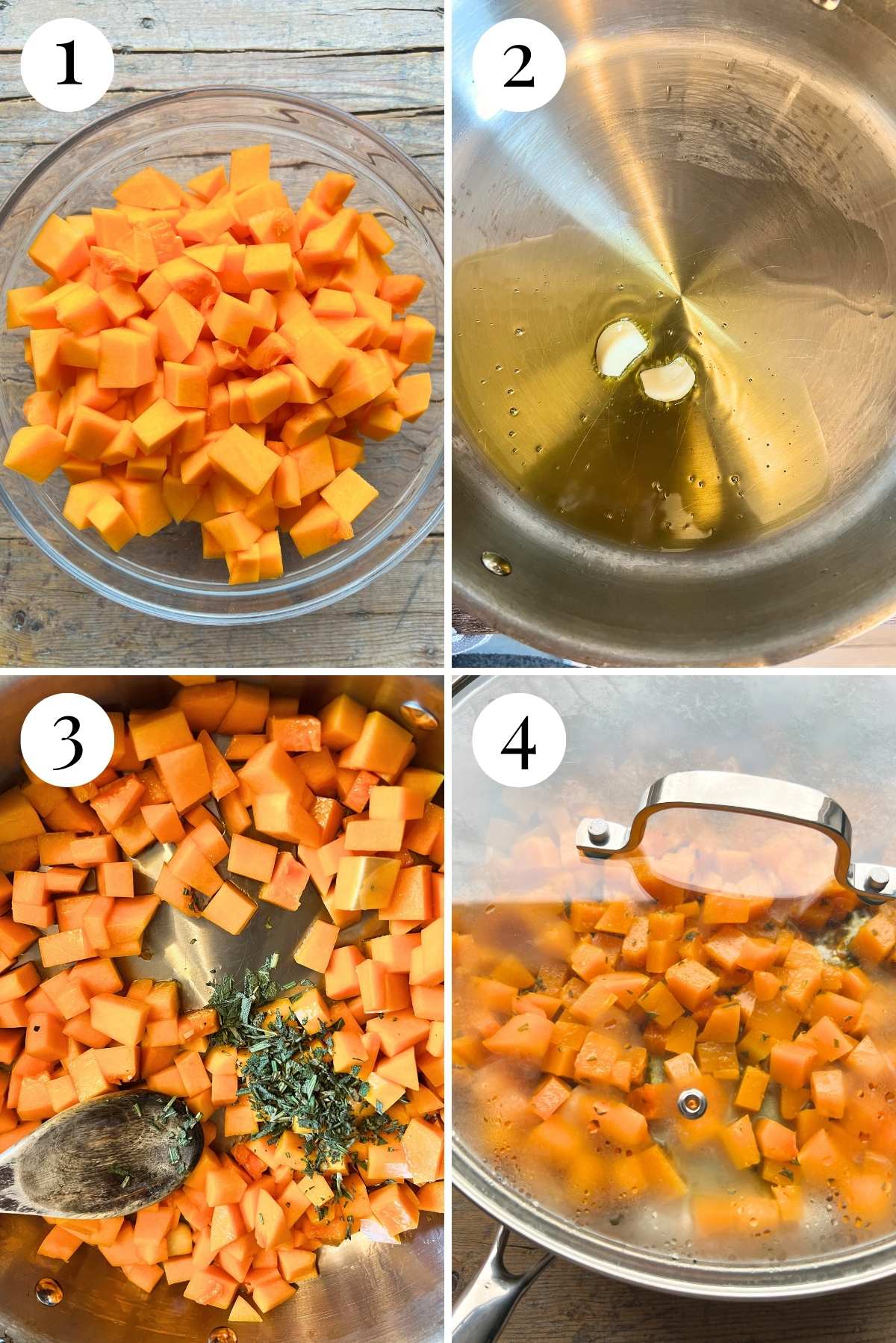 Four photos in a collage showing how to cut and saute butternut squash with garlic and herbs.